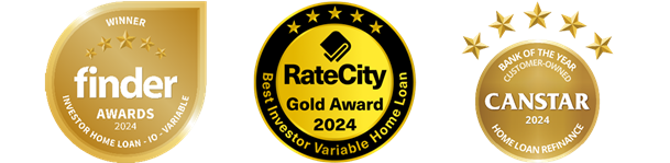 Three award logos reading "Finder winner awards 2024: Investor Home Loan - IO - Variable. "RateCity Gold Award 2024: Best Investor Variable Home Loan" "Canstar Customer Owned Bank of the Year 2024: Home Loan Refinance"